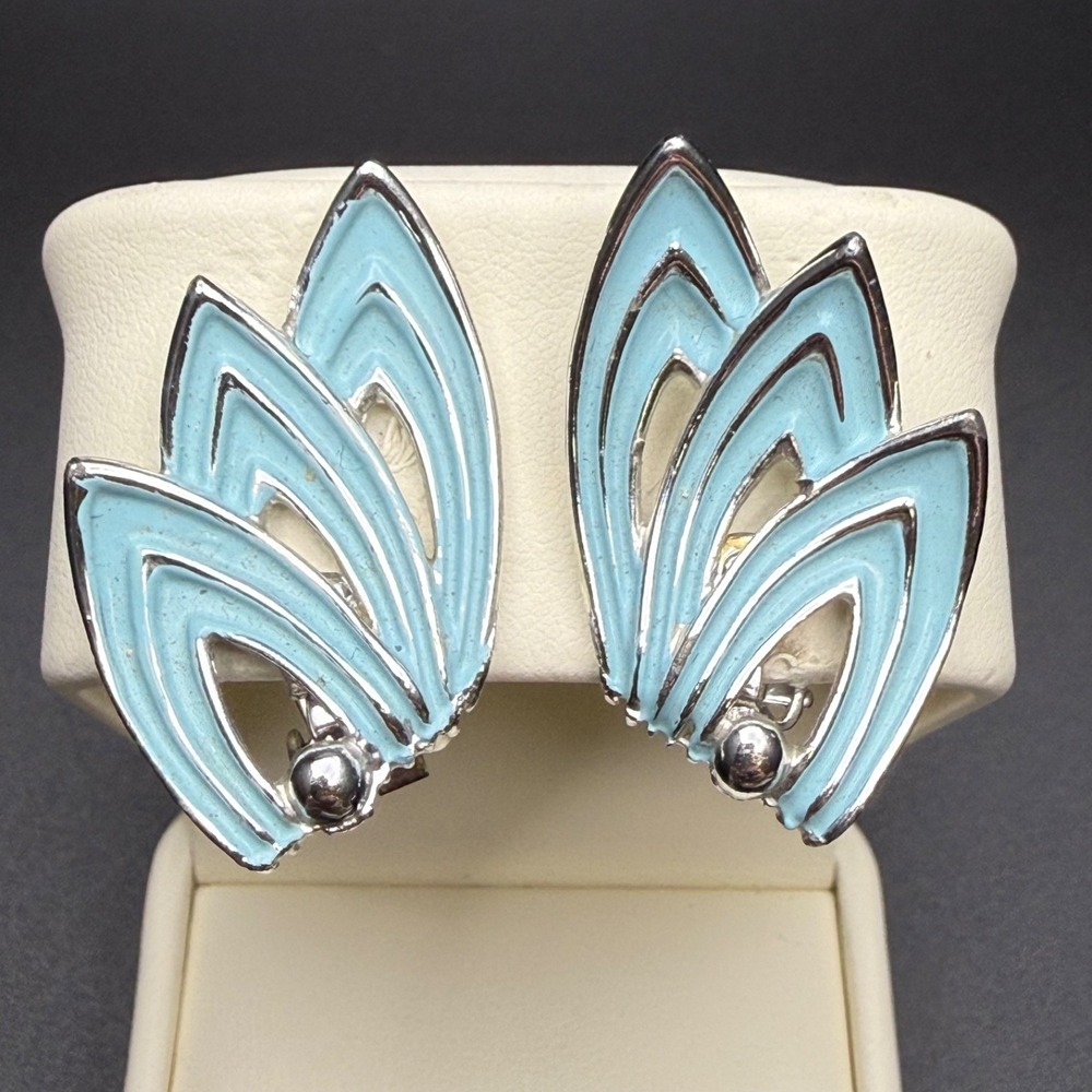 Vintage Silver Tone Blue Enamel Fan Clip On Earrings Mid Century Deco Revival